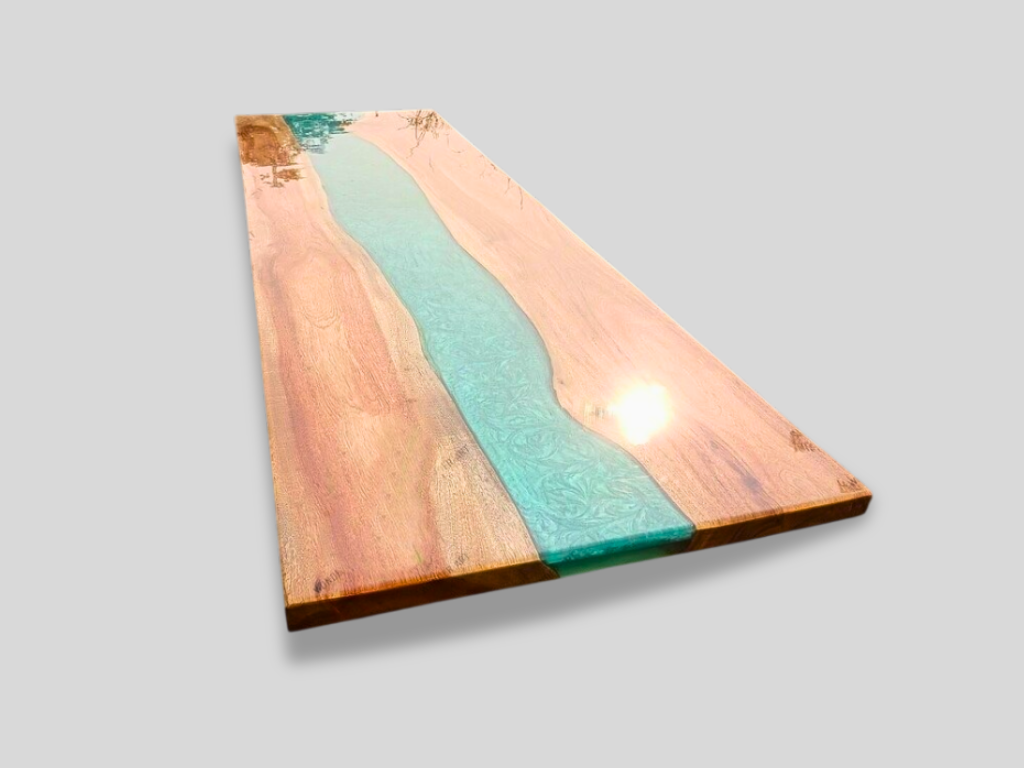 Custom Poplar Wood Blue River Epoxy Table Top for Dining Room Interior Exclusive Furniture 